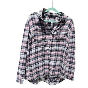 Beach Lunch Lounge Womens Medium Plaid Flannel Shirt 3/4 Button Down Casual‎